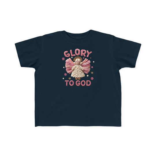 Glory to God Toddler Tee featuring a yarn-style angel with pink wings and halo, cream dress, on a dark-navy shirt, perfect for toddlers' sensitive skin.