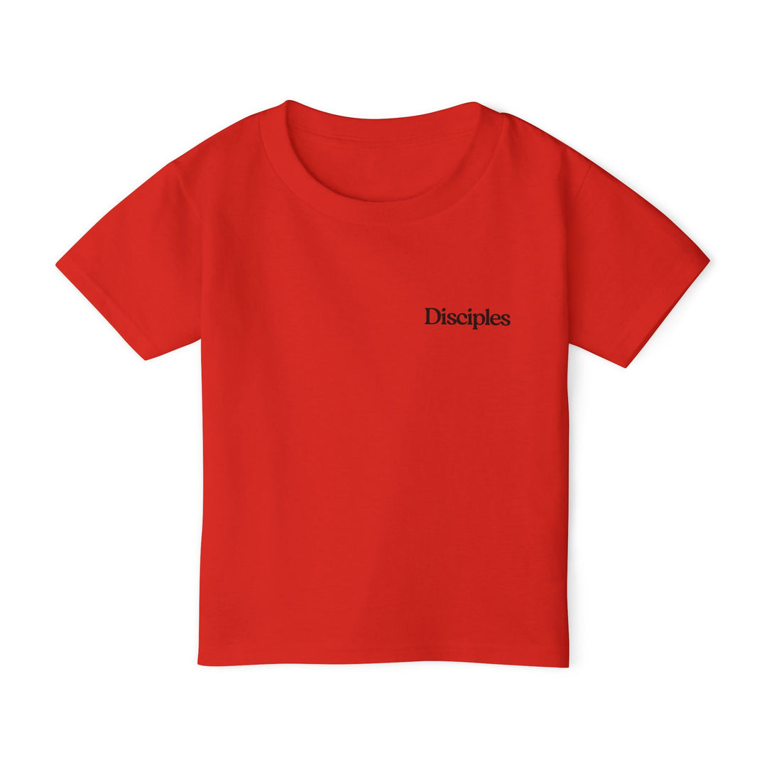 Fisher of Men Toddler Tee: A plain red youth-sized shirt with Disciples printed over the left chest, showcasing style and eco-friendly sensibility.
