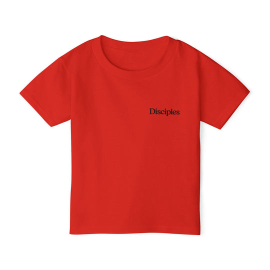 Fisher of Men Toddler Tee: A plain red youth-sized shirt with Disciples printed over the left chest, showcasing style and eco-friendly sensibility.