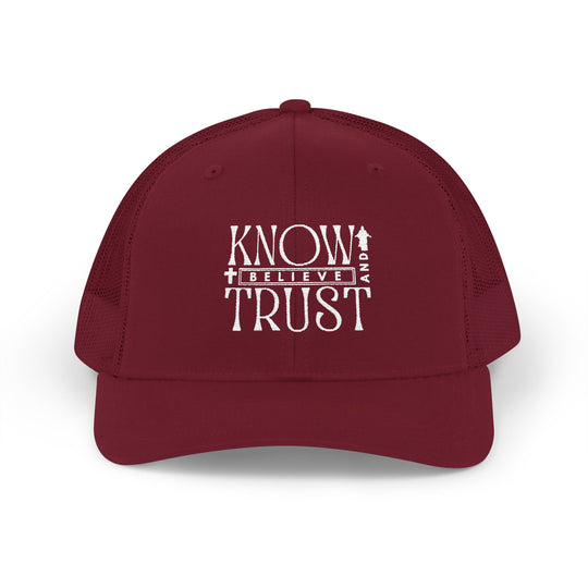 Know and Trust Snapback Trucker Cap with white text, featuring a classic 6-panel design, pre-curved visor, and adjustable snap closure for comfort and style.