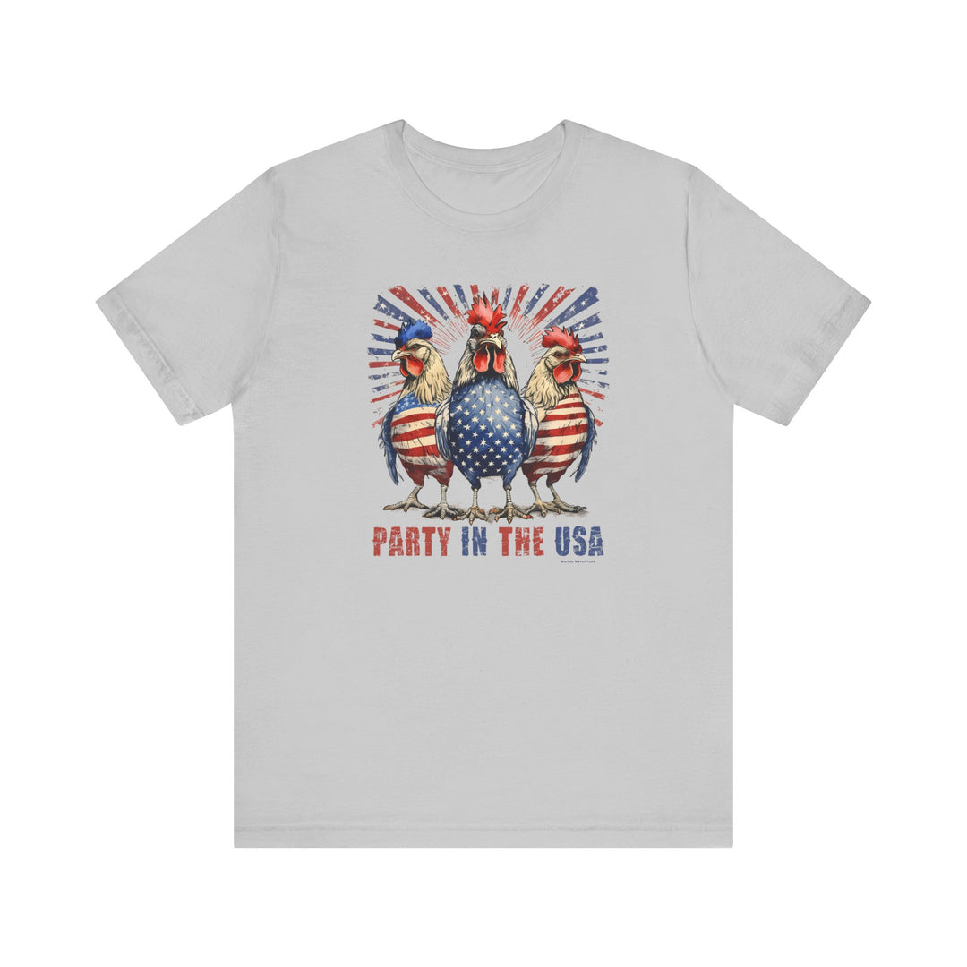 A Party In the USA Tee featuring a fun chicken design on a soft cotton jersey shirt. Unisex fit with ribbed knit collars, taping on shoulders, and dual side seams for durability.