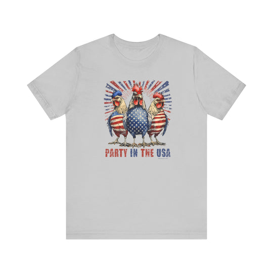 A Party In the USA Tee featuring a fun chicken design on a soft cotton jersey shirt. Unisex fit with ribbed knit collars, taping on shoulders, and dual side seams for durability.