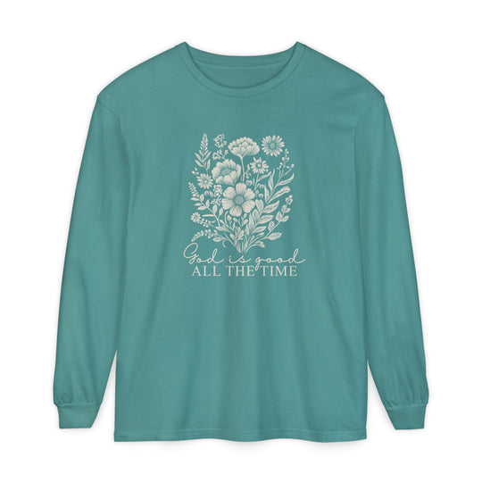Teal long-sleeve tee with a wildflower bouquet and God is good ALL THE TIME print, made of 100% ring-spun cotton, offering comfort and style.