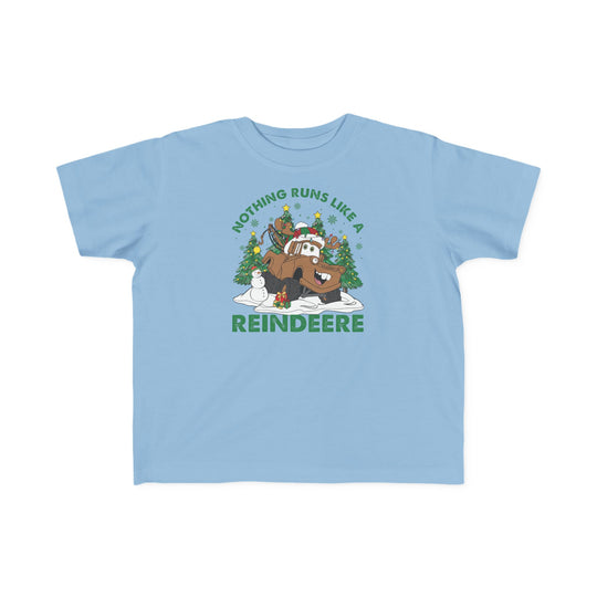 Reindeere Toddler Tee featuring a cartoon off-road reindeer in a Santa hat, surrounded by Christmas elements. Soft, durable cotton perfect for toddlers.