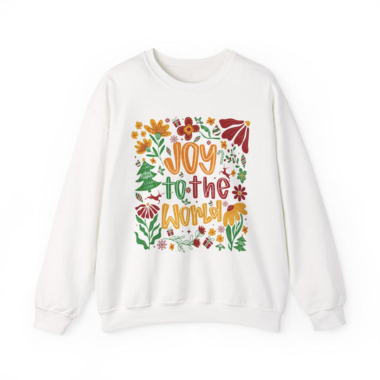 White crewneck sweatshirt with Joy to the World and festive motifs in vibrant colors, ideal for cozy, stylish wear from Faith Family Designs.