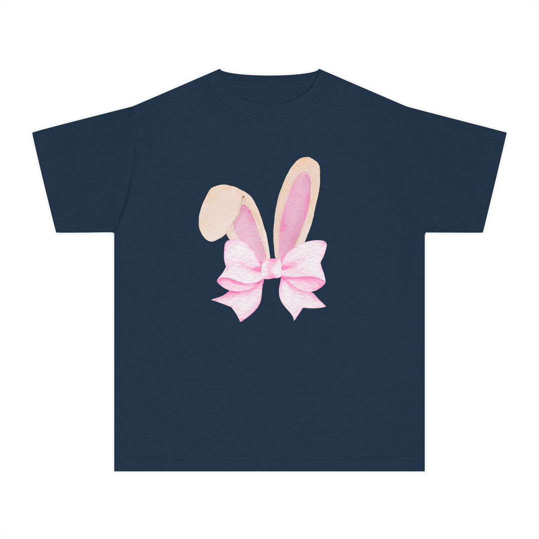 Bunny Bow Kids Tee featuring watercolor bunny ears and a pink bow on a navy-blue shirt, offering comfort and agility for active kids.