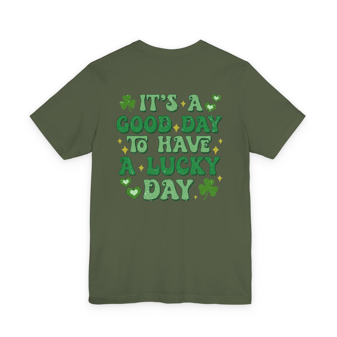 Good Day Lucky Day Tee featuring a St. Patrick’s-style graphic with clovers and sparkles, perfect for those seeking a unique and comfortable t-shirt.