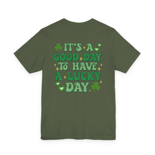 Good Day Lucky Day Tee featuring a St. Patrick’s-style graphic with clovers and sparkles, perfect for those seeking a unique and comfortable t-shirt.