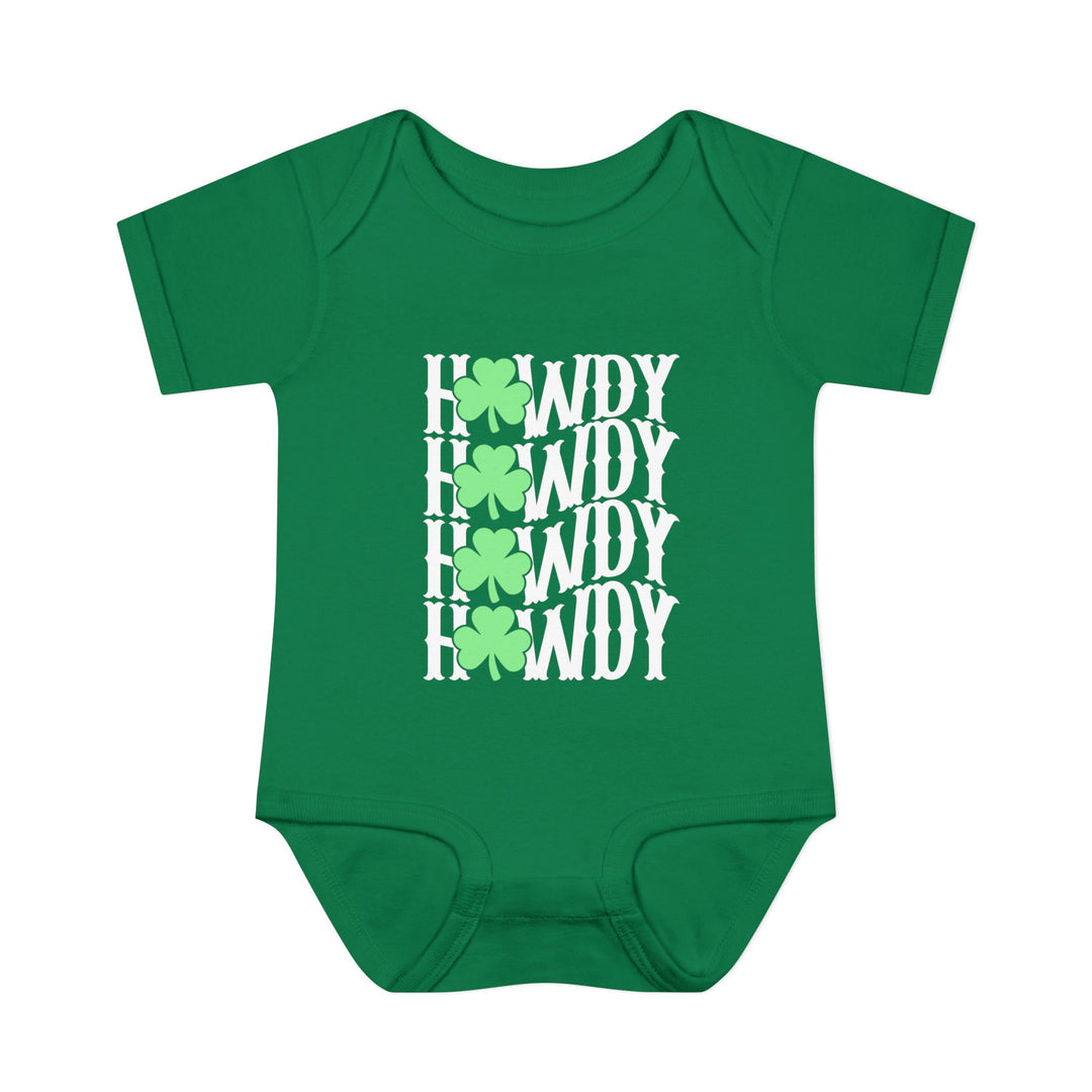 Howdy Lucky Onesie: A green baby bodysuit with white text, featuring a shamrock design, made of soft ring-spun cotton for comfort.