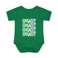 Howdy Lucky Onesie: A green baby bodysuit with white text, featuring a shamrock design, made of soft ring-spun cotton for comfort.