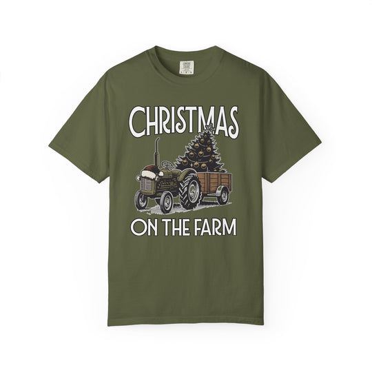 Christmas on the Farm Tee featuring a vintage tractor with a Christmas tree, perfect for a relaxed, festive style.