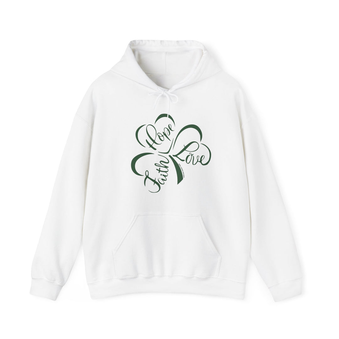 A white hoodie featuring a green clover and words design. Unisex heavy blend for warmth, with kangaroo pocket and matching drawstring. Faith Hope Love Hoodie by Worlds Worst Tees.