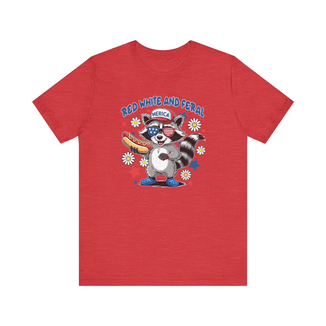 Red White and Feral 4th Tee, featuring a classic unisex fit with ribbed knit collars and dual side seams for durability. Made from soft, breathable cotton.