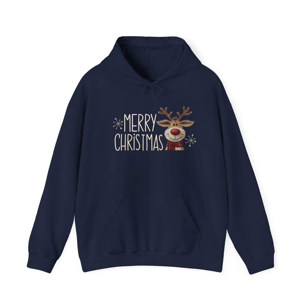 Merry Christmas Reindeer Hoodie with a smiling cartoon reindeer and snowflakes, offering warmth and comfort with a spacious pocket and color-matched drawstring.