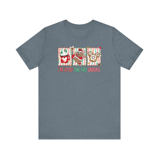 Here for the Snacks Tee features Christmas-themed Mickey graphics on a heather-blue/gray T-shirt, perfect for festive, cozy wear.