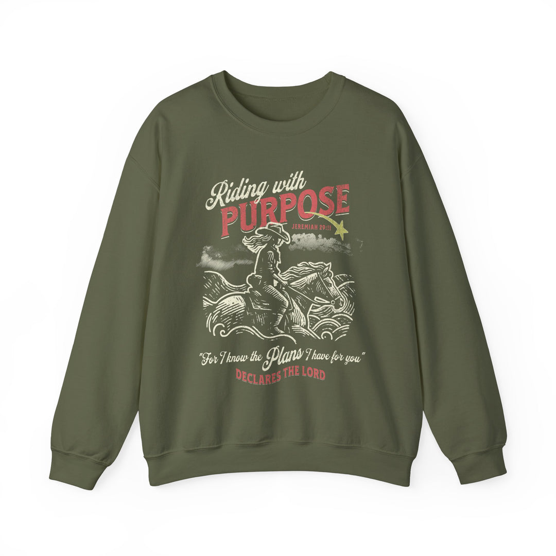 Riding for a Purpose Crew sweatshirt: Green, graphic design of a cowboy on a motorcycle, unisex, heavy blend, ribbed collar, polyester-cotton mix, comfortable fit.