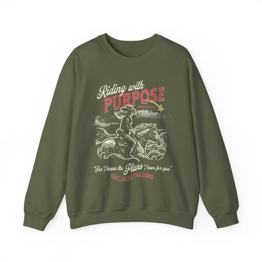 Riding for a Purpose Crew sweatshirt: Green, graphic design of a cowboy on a motorcycle, unisex, heavy blend, ribbed collar, polyester-cotton mix, comfortable fit.