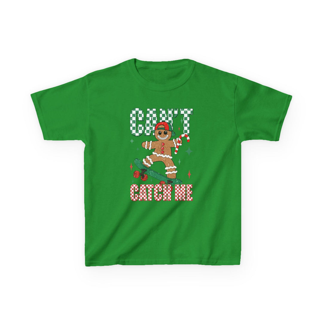 Can't Catch Me Kids Tee featuring a gingerbread man on a skateboard with a candy cane, wearing a red cap, perfect for everyday wear.