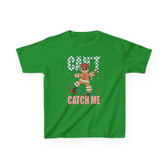Can't Catch Me Kids Tee featuring a gingerbread man on a skateboard with a candy cane, wearing a red cap, perfect for everyday wear.