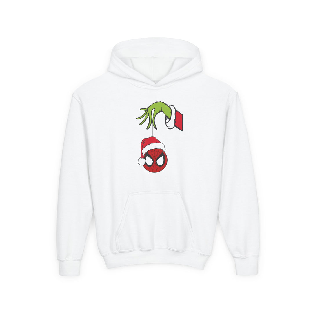 Spider Ball Christmas Youth Hoodie featuring the Grinch's hand holding a Spider-Man ornament. Ultra-soft fleece, kangaroo pocket, true to size, perfect for festive wear.