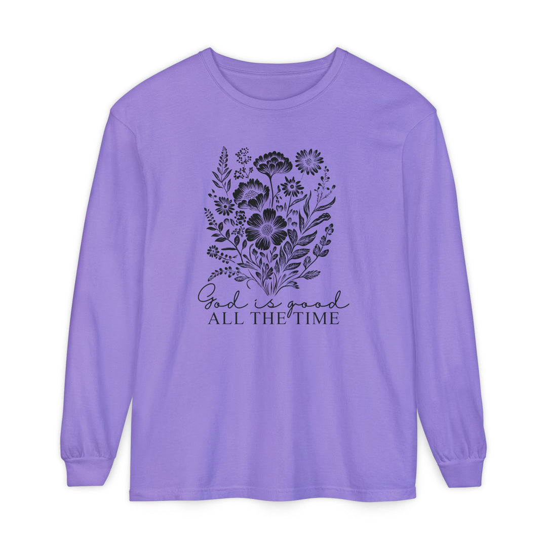 Lilac long-sleeve T-shirt with a black line-art floral bouquet and God is good ALL THE TIME text, offering comfort and style from Faith Family Designs.