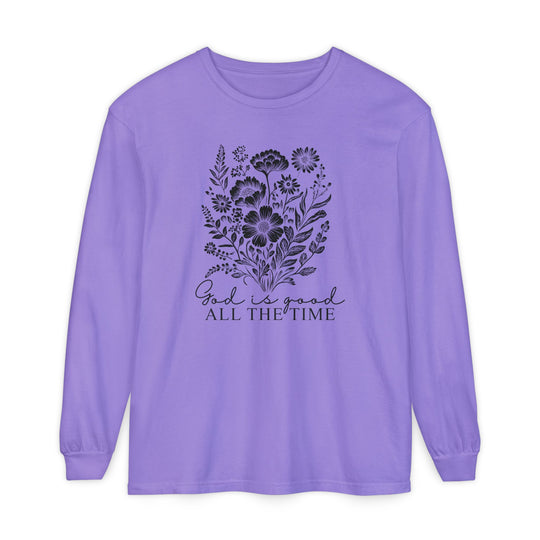 Lilac long-sleeve T-shirt with a black line-art floral bouquet and God is good ALL THE TIME text, offering comfort and style from Faith Family Designs.