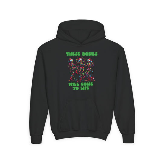 Bones Come to Life Youth Hoodie features dancing skeletons with Santa hats and Christmas lights, bright green text, kangaroo pocket, and drawstring hood, perfect for festive wear.