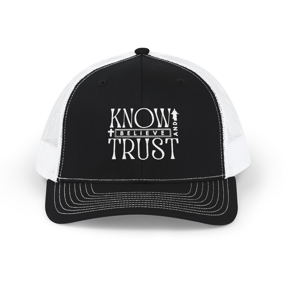Know and Trust Snapback Trucker Cap, featuring white embroidered text, classic 6-panel design, adjustable snap closure, and a pre-curved visor.