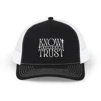 Know and Trust Snapback Trucker Cap, featuring white embroidered text, classic 6-panel design, adjustable snap closure, and a pre-curved visor.