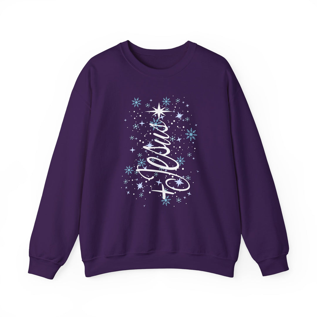 Purple crew-neck sweatshirt featuring a North Pole holiday graphic with snowflakes and star, offering cozy comfort and durability, ideal for winter.