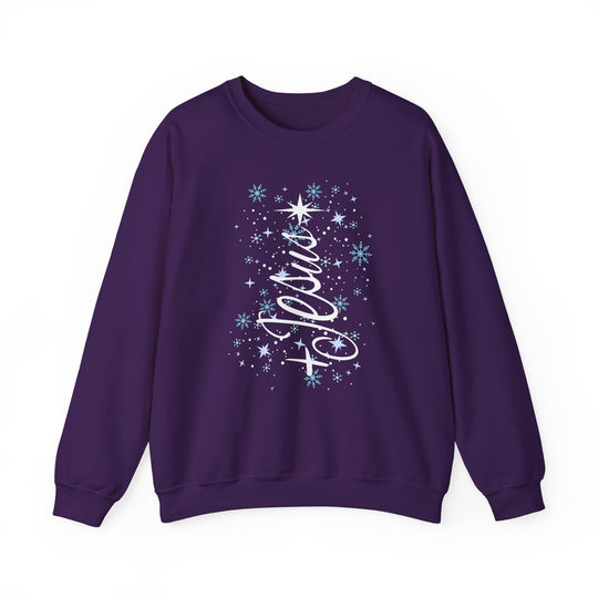 Purple crew-neck sweatshirt featuring a North Pole holiday graphic with snowflakes and star, offering cozy comfort and durability, ideal for winter.