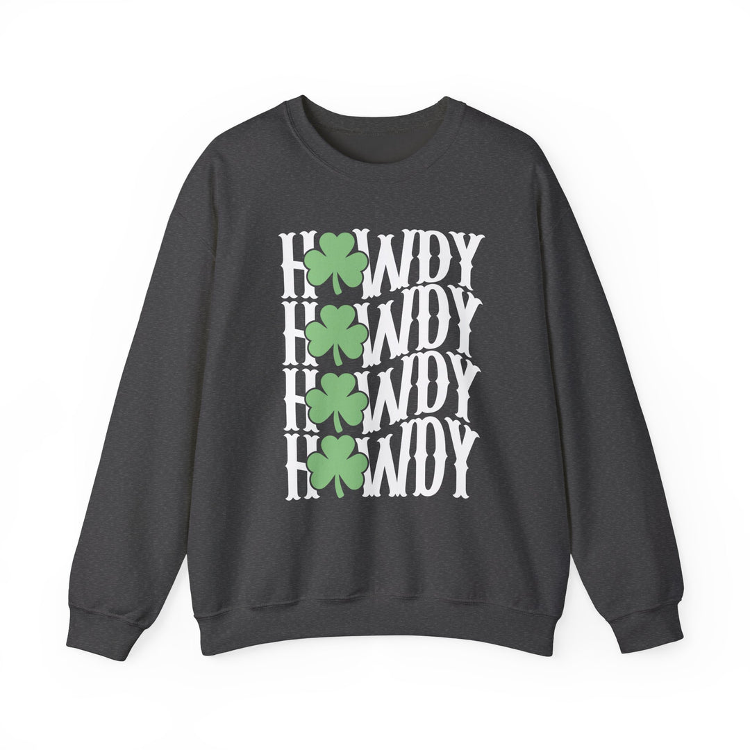 Howdy Lucky Crew sweatshirt featuring white text and green clovers on a grey background, offering comfort with a 50% cotton and 50% polyester blend.