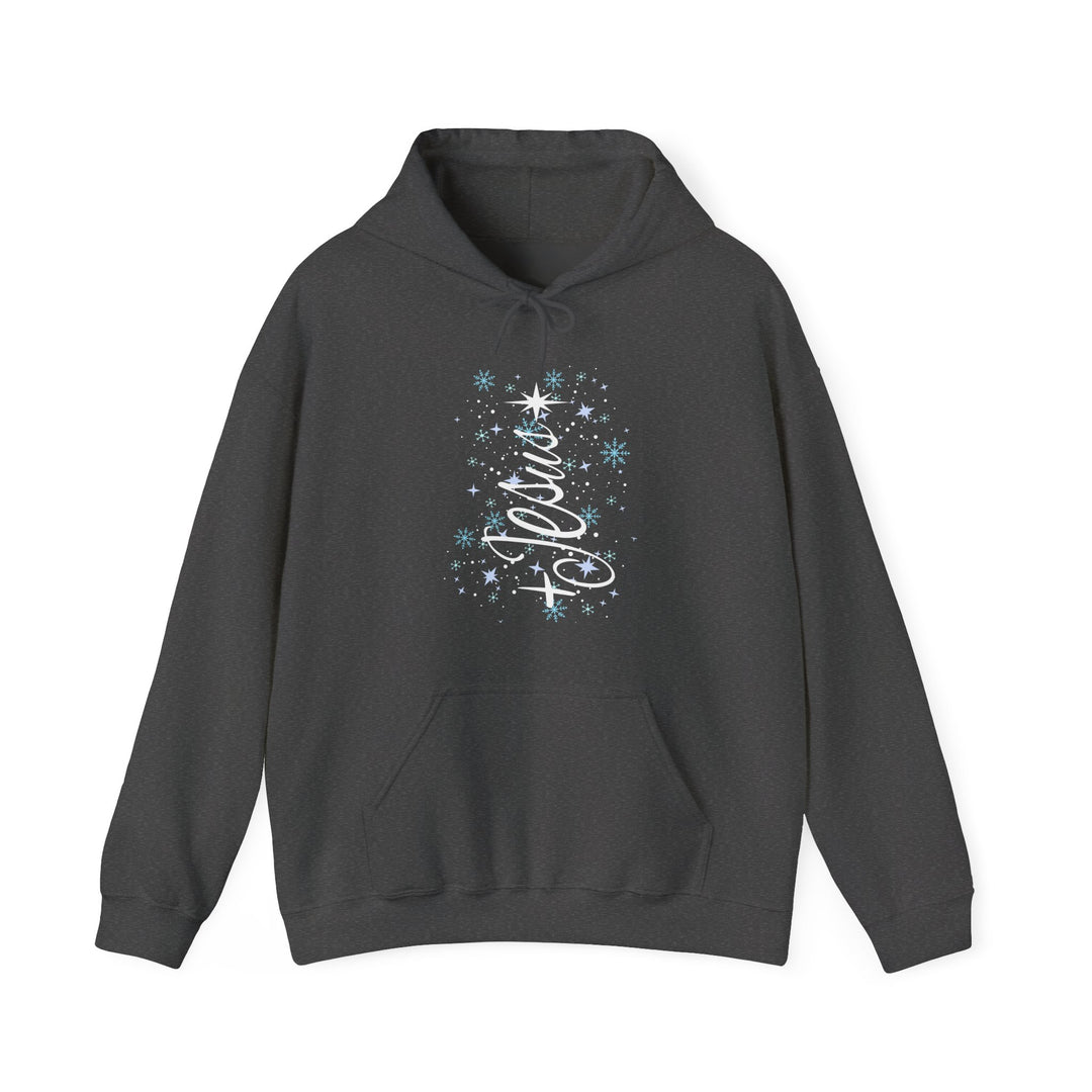 Dark charcoal-gray Jesus Tree Hoodie with Joyous in white script, surrounded by blue snowflakes, featuring a kangaroo pocket and drawstring hood.