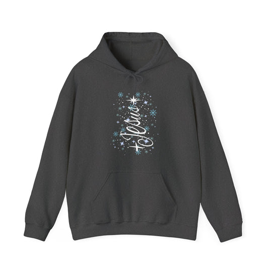 Dark charcoal-gray Jesus Tree Hoodie with Joyous in white script, surrounded by blue snowflakes, featuring a kangaroo pocket and drawstring hood.