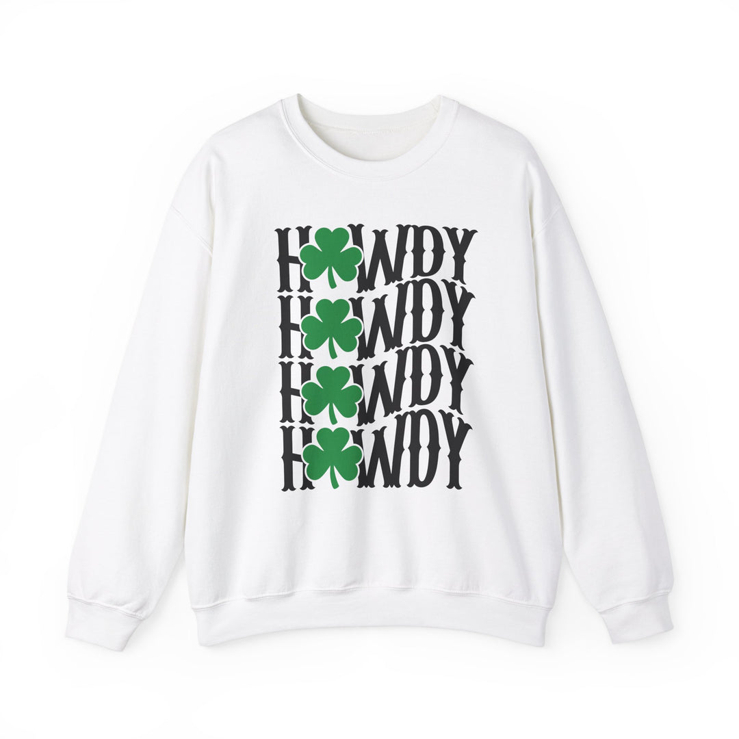 Howdy Lucky Crew: White sweater featuring black text and green clovers, offering cozy comfort in a unisex design with a ribbed collar and no side seams.