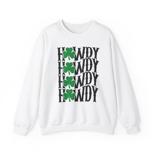 Howdy Lucky Crew: White sweater featuring black text and green clovers, offering cozy comfort in a unisex design with a ribbed collar and no side seams.