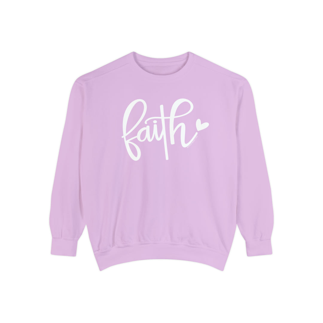 Unisex Faith Crew sweatshirt in pink with white text. Made of 80% ring-spun cotton, 20% polyester, featuring a relaxed fit and rolled-forward shoulder. From Worlds Worst Tees.