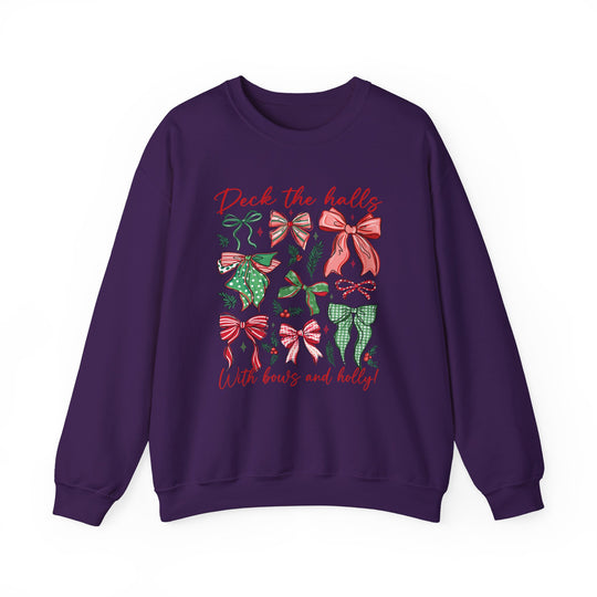 Deck the Halls Crew sweatshirt features festive bows and holly design, combining comfort and style with a cozy cotton-polyester blend, perfect for holiday warmth.