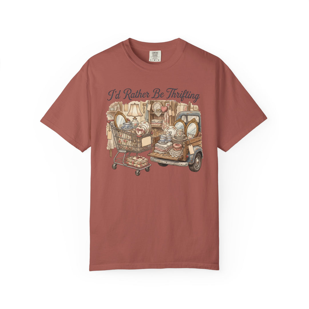 I'd Rather Be Thrifting Tee featuring a hand-drawn thrift-shop scene with a vintage cart and truck, perfect for casual, stylish comfort.