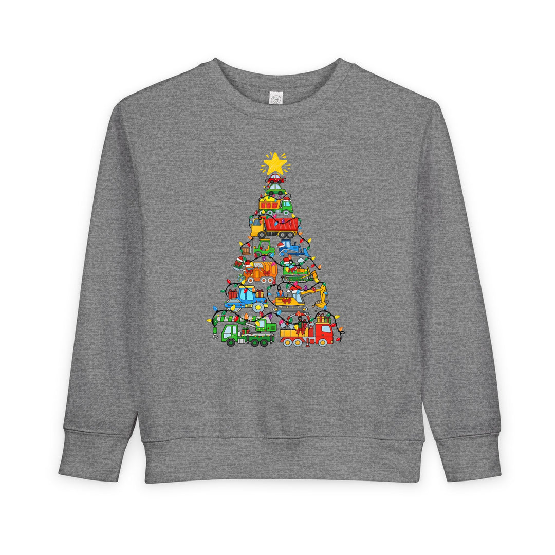 Heather-gray Christmas Truck Toddler Crewneck, featuring a festive graphic of colorful vehicles forming a Christmas tree, adorned with lights and gifts, topped with a star.