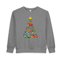 Heather-gray Christmas Truck Toddler Crewneck, featuring a festive graphic of colorful vehicles forming a Christmas tree, adorned with lights and gifts, topped with a star.