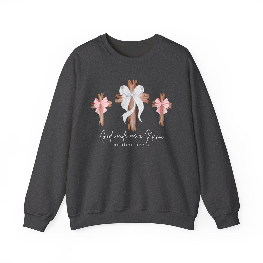 Dark charcoal-gray God Made Me a Nana crewneck sweatshirt with rustic wooden crosses and Psalms 127:3, ideal unisex comfort from Faith Family Designs.