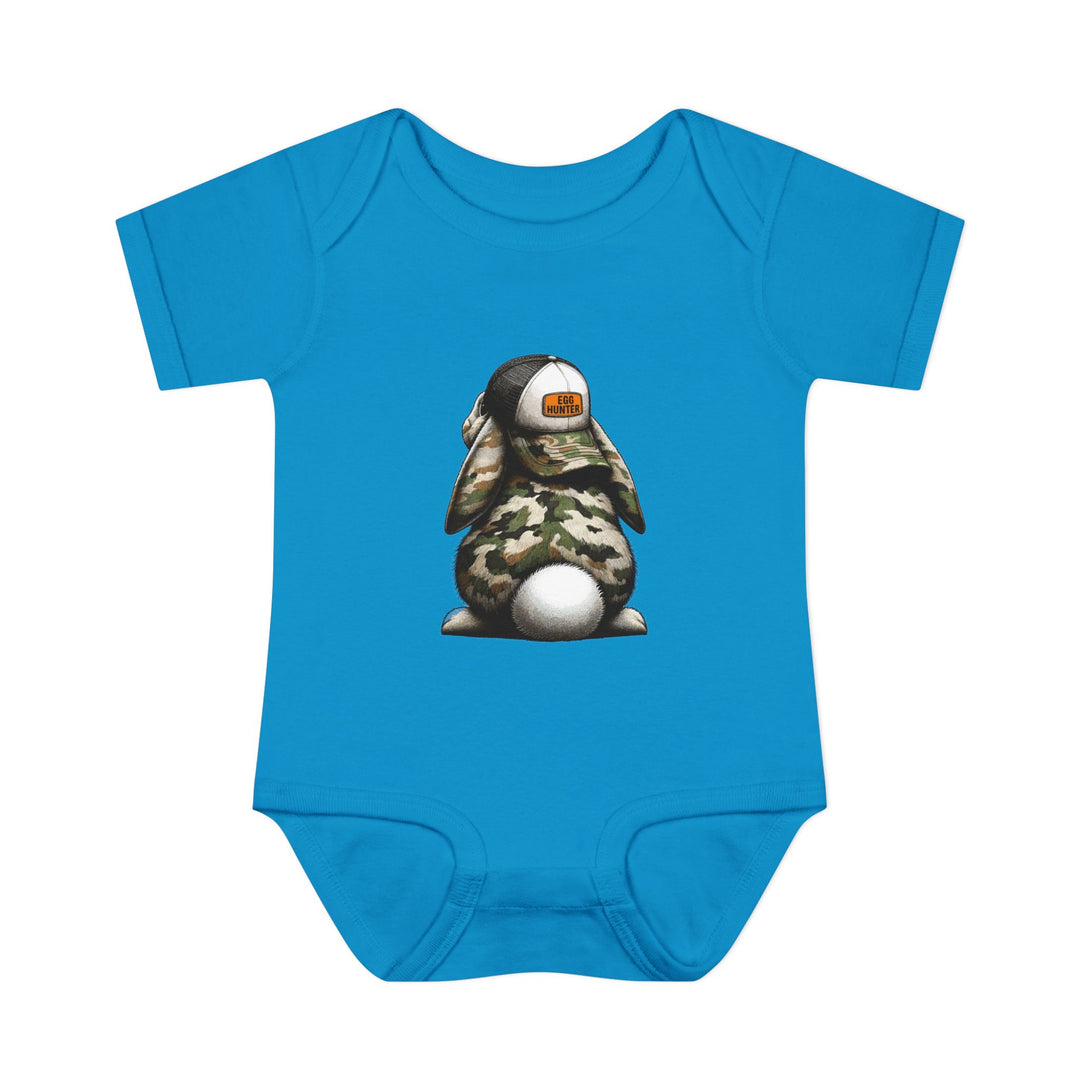 Egg Hunter Onesie featuring a cartoon bunny with a hat, crafted from soft ring-spun cotton for infant comfort, with lap shoulders for easy adjustments.