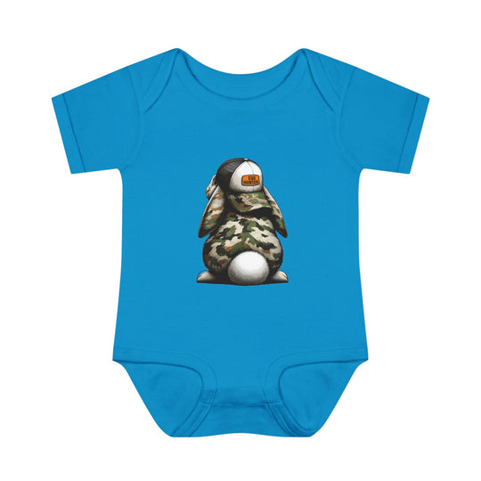 Egg Hunter Onesie featuring a cartoon bunny with a hat, crafted from soft ring-spun cotton for infant comfort, with lap shoulders for easy adjustments.