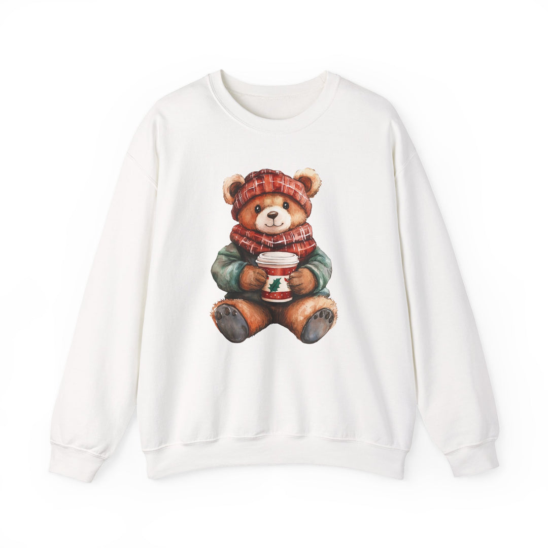 White crew-neck sweatshirt featuring Old Money Bear design: teddy bear in winter attire holding a festive cup, combining comfort with unique, whimsical style.