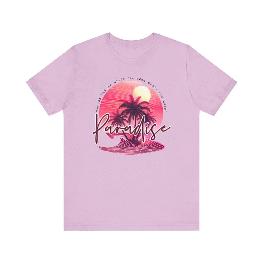 Paradise Tee: Classic unisex short sleeve t-shirt in soft cotton with ribbed knit collar and tapered shoulders, ideal for casual or semi-formal wear.
