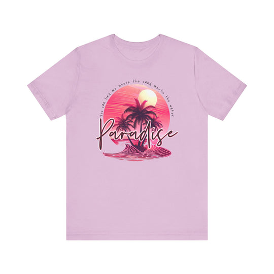 Paradise Tee: Classic unisex short sleeve t-shirt in soft cotton with ribbed knit collar and tapered shoulders, ideal for casual or semi-formal wear.
