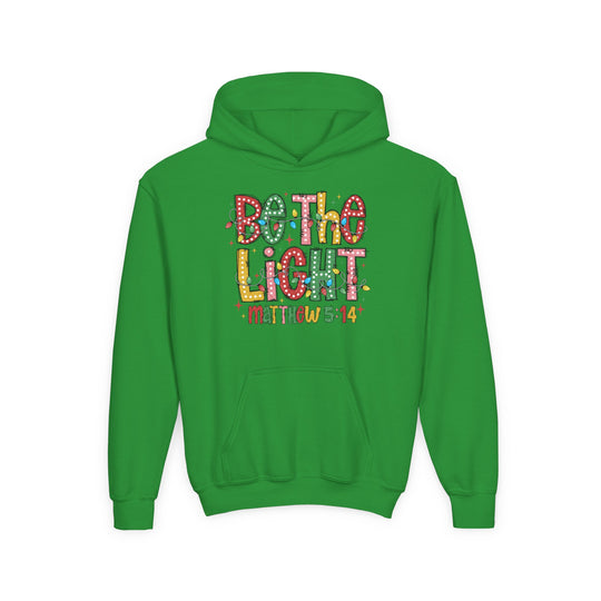 Bright green Be the Light youth hoodie with marquee-style lettering and Matthew 5:14 reference, featuring a kangaroo pocket and ultra-soft fleece.