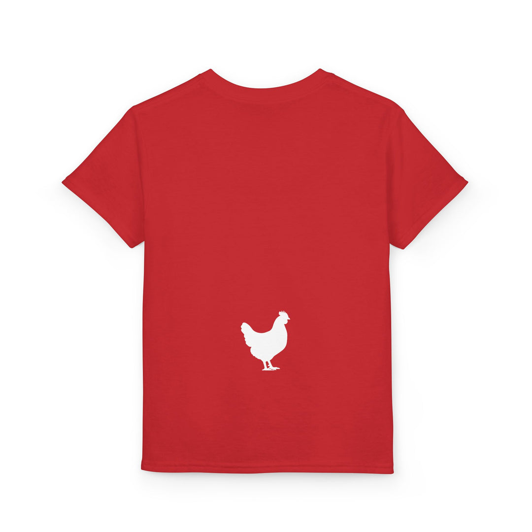 Back view of the Guess What Chicken Butt Tee, featuring a small white chicken silhouette near the rear hem on a plain red Youth DryBlend® T-Shirt.