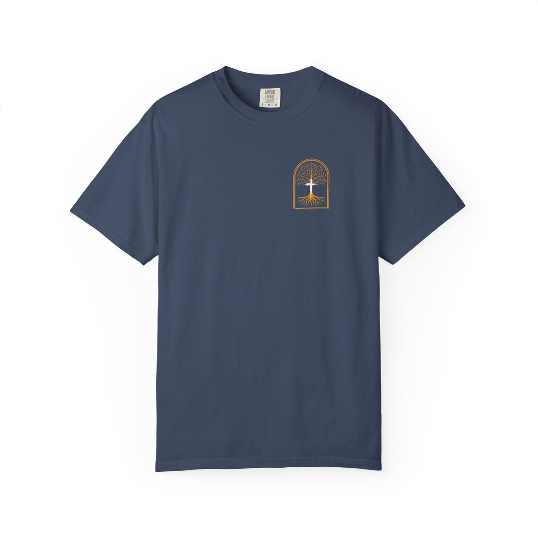 Adam to Noah Tree Tee featuring a gold arched window with a white tree graphic, laid flat. Made of soft, durable, garment-dyed 100% ring-spun cotton.